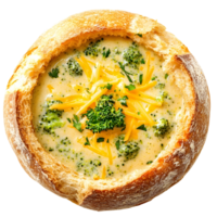 Broccoli Cheddar Soup Served In A Crusty Bread Bowl With Cheese Garnishing on a Transparent Background png