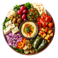 Overhead View Of A Colorful Mediterranean Mezze Platter With Hummus Falafel Grapes Tomatoes And Bread On Transparent Background png