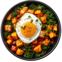 Overhead View of a Fried Egg with Sweet Potato and Kale in a Black Bowl Against a Transparent Background png