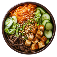 Overhead Shot of a Bowl of Soba Noodles with Tofu Carrots Cucumbers and Peanuts in a Dark Bowl on Transparent Background png