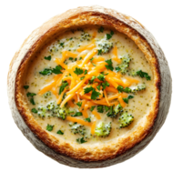 Broccoli Cheddar Soup Served In a Round Bread Bowl Garnished with Shredded Cheese and Fresh Parsley on Transparent Background png