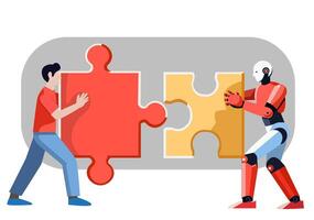 Collaboration between humans and robots that can work together vector