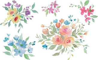 Floral set of ready to use compositions with hand painted colorful flowers, leaves, berries. vector
