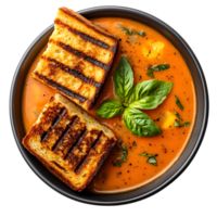 Overhead View Of Tomato Soup With Grilled Toast And Fresh Basil In Black Bowl Isolated On Transparent Background png