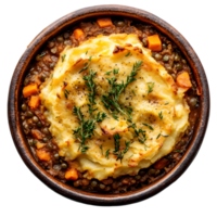 Savory Vegetarian Shepherd's Pie in a Brown Bowl with Mashed Potatoes Lentils and Carrots Isolated on Transparent Background png