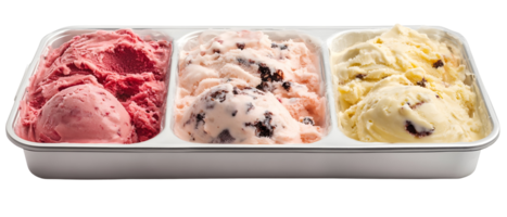 Three Different Flavors Of Ice Cream In A White Compartment Container Isolated On Transparent Background png