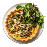 Savory Mushroom Quiche with Salad on a White Plate Isolated on Transparent Background Top View png