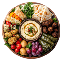 Overhead View of a Wooden Platter Featuring an Array of Middle Eastern Dishes Including Hummus Falafel Pita Bread Grapes and Tomatoes png