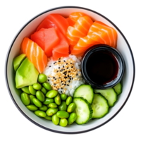 Overhead View Of A Sushi Bowl With Salmon Tuna Avocado Cucumber Edamame And Sesame Seeds Isolated On Transparent Background png