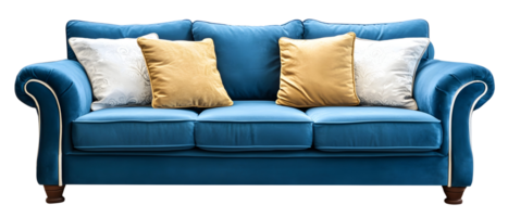Blue Velvet Sofa With Beige And White Pillows On Transparent Background png