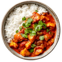 Overhead View Of A Bowl Of Chicken Curry And White Rice Garnished With Fresh Cilantro Leaves On A Transparent Background png