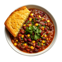 Close Up Top View of a Hearty Soup Bowl with Corn and Beans Accompanied by Crispy Bread on a Transparent Background png
