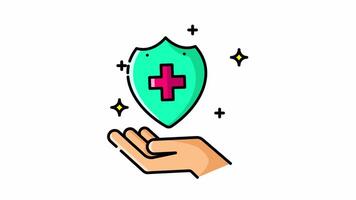 Animated Hygiene is protected by a hand holding a green shield with a red cross. video