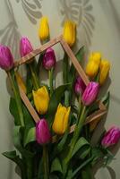 Bouquet of colorful tulips with creative photo frame in pastel green background. Copy space for greeting card. Holiday flowers springtime atmosphere
