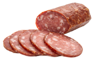 Fresco rebanadas de salami aislado en transparente fondo, curado carne con Rico jaspeado y apetitoso textura png