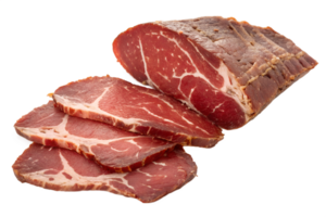 Thin slices of spicy basturma on transparent background, aromatic cured beef delicacy for gourmet food design or labels png