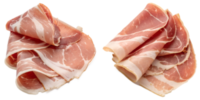 Thinly sliced prosciutto ham isolated on the transparent background, perfect for appetizers and charcuterie boards png