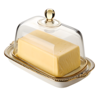 Fresh block of creamy butter in a white dish isolated on transparent background, natural dairy product for cooking and baking png