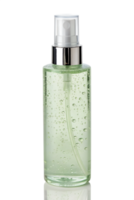 Cosmetic spray bottle with clear light green liquid and bubbles isolated on the transparent background png