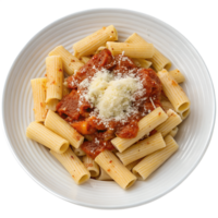 Rigatoni pasta with tomato sauce and cheese view from the top isolated on the transparent background png