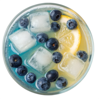 Refreshing blueberry and lemon lemonade with ice cubes, view from the top, natural beverage png