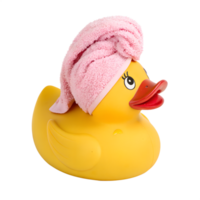 Rubber duck toy with a pink towel on its head isolated on the transparent background png