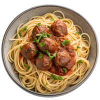 Spaghetti with meatballs view from the top isolated on the transparent background png