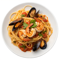 Delicious spaghetti with seafood on a white plate view from the top isolated on the transparent background png