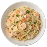 Delicious pasta with shrimps and cream sauce on a white plate view from the top isolated on the transparent background png