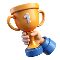 3D rendered hand holding a shiny golden first place trophy with 'number one' engraving, symbolizing victory and success png