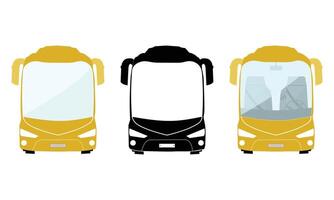 Front view of three different buses silhouettes and illustrations vector