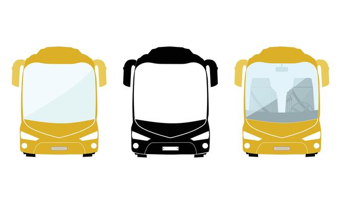 Front view of three different buses silhouettes and illustrations