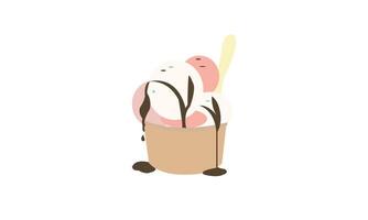 A delicious ice cream cup with dripping chocolate sauce, with ice cream scoops and a spoon vector
