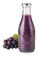 Purple grape juice in glass bottle with cluster of fresh grapes, organic drink presentation png