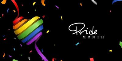 pride month copy space banner design with illustration colorful confetti and 3d rainbow ribbon heart on black background vector