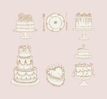 Cake one and two tier collection drawing in vintage style on pink background vector