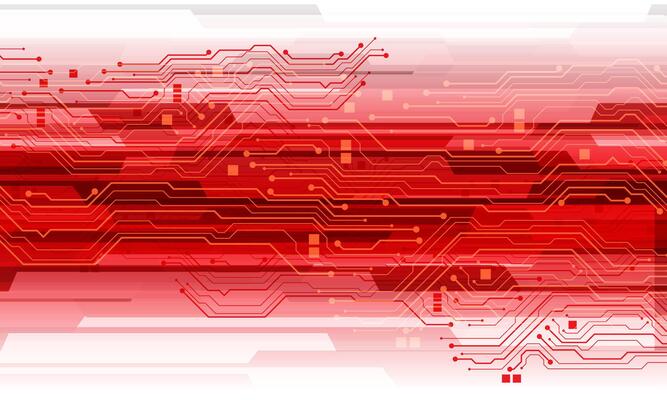 Abstract red circuit board technology connected lines electronics elements computer digital on white background