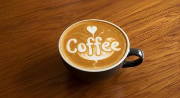 A close-up of specialty coffee with precise latte art typography, elegantly displayed on a wooden table for stylish digital and print designs. photo