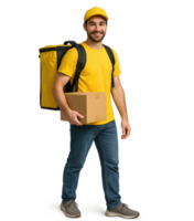 smiling delivery man in yellow shirt holding cardboard box and insulated backpack png