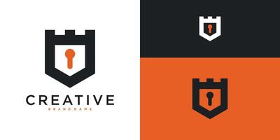 Shield with keyhole inside. Protection security logo design template. Premium vector