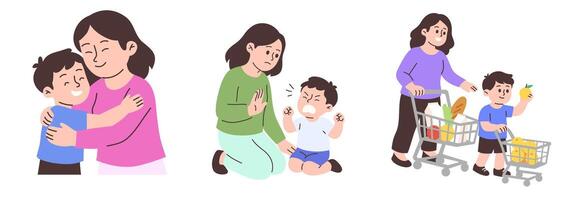 A mother's expressions with her son. From showing affection with an embrace, teaching discipline, and having fun grocery shopping together. vector