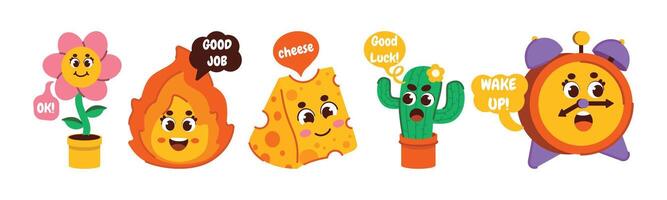 A whimsical illustration showcasing a group of cheerful cartoon characters, including a flower, flame, cheese, cactus, and alarm clock, each expressing a different sentiment in speech bubbles. vector