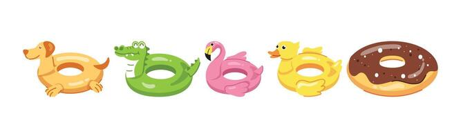 A colorful collection of inflatable pool floats featuring various animals and a chocolate donut, perfect for adding fun and relaxation to your summer swimming pool activities. vector