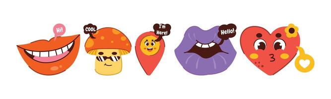A vibrant and playful illustration featuring a collection of funky cartoon characters, including lips, a mushroom, a heart, and a location icon, all exuding cheerful and positive vibes. vector