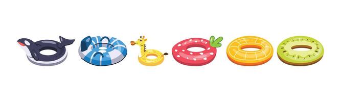 A cheerful illustration featuring an array of colorful cartoon-style inflatable pool floats, including animal and fruit designs, perfect for summer fun and relaxation. vector