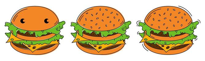 A delicious burger on a fluffy bun with healthy green iceberg lettuce, tender melting thin cheese, a juicy cutlet, sprinkled with sesame seeds. Image in different drawing styles will suit your design vector