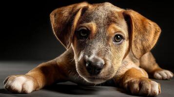 Playful puppy with expressive eyes on a dark background. photo