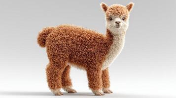 Fuzzy alpaca with curly fur standing against a light backdrop. photo