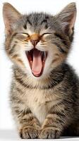 Yawning kitten with fluffy fur and expressive features. photo