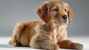 Fluffy puppy resting on a soft surface, looking calm and curious. photo